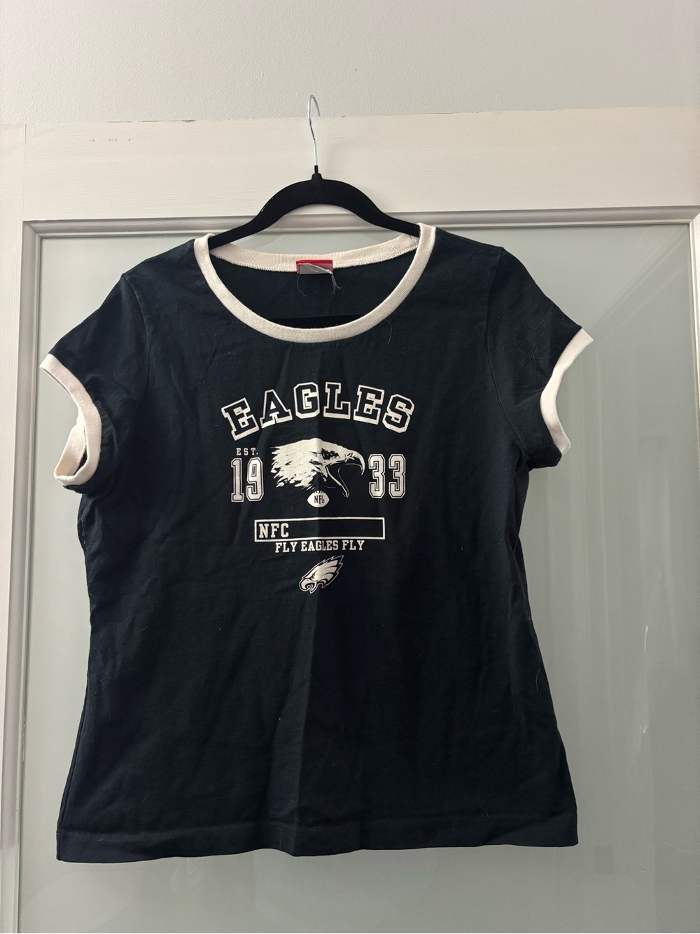 NFL Women's Black Ringer Tee with White Trim - Eagles Graphic